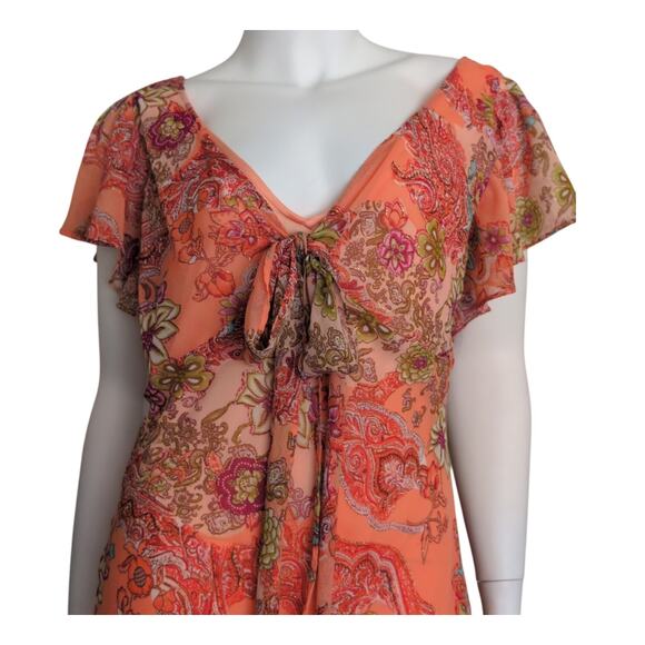 Y2K Floral Paisley Bow Front Chiffon Midi‎ Dress Flutter Sleeve 12 Fairy Grunge - Picture 3 of 7